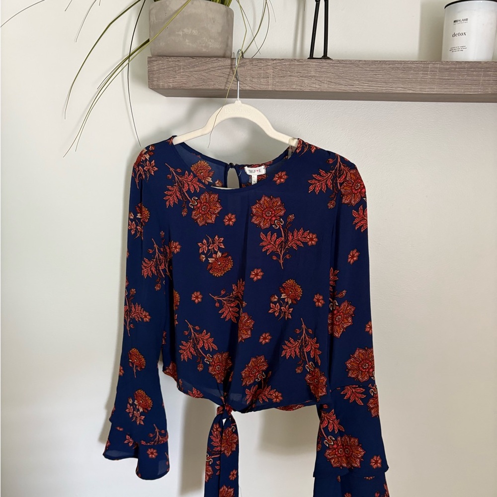 NWT Floral Tie-Front Navy Blouse -Self